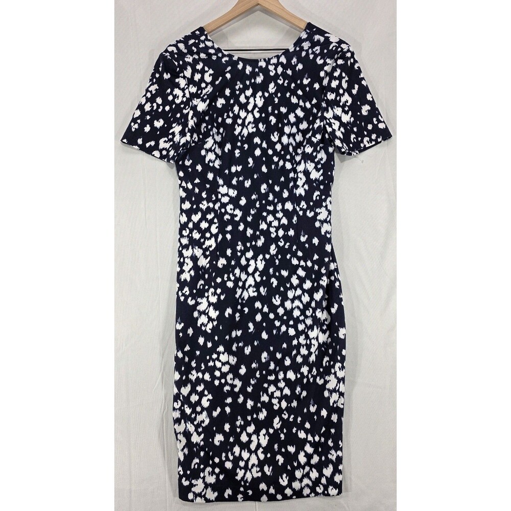 Trina Turk Tati Sheath Dress Navy Blue Leopard Ikat Print M Career Quiet Luxury